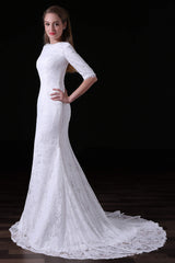 White Lace Sleeves Button Back Mermaid Wedding Dresses