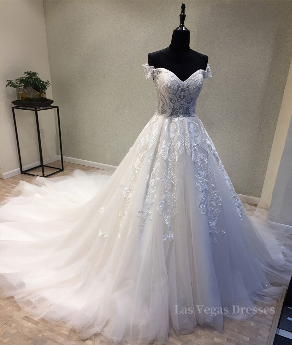 White sweetheart tulle lace applique long prom dress, wedding dress