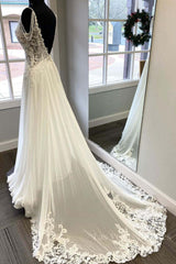 White v neck chiffon lace long prom dress, white evening dress