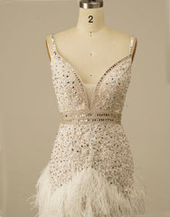 Gorgeous White Spaghetti Straps Beaded Homecoming Dress With Feather
