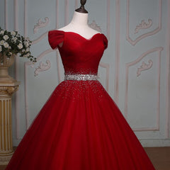 Wine Red Ball Gown Off Shoulder Beaded Party Dress, Tulle Off Shoulder Prom Dress