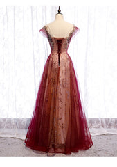 Wine Red Cap Sleeves Tulle with Lace Applique Party Dress, Wine Red Evening Dress Prom Dress