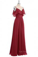 Wine Red Chiffon A-line Ruffles Long Bridesmaid Dress