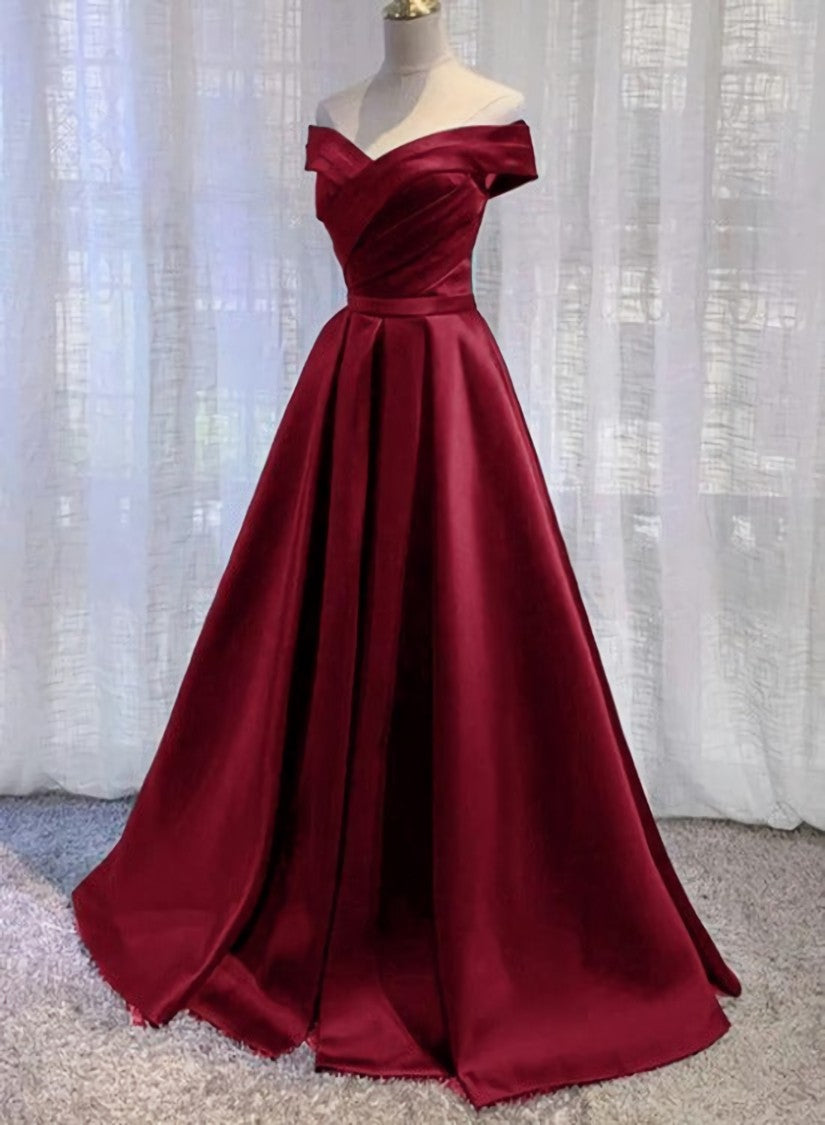 Wine Red Floor Length Off Shoulder Wedding Party Dress, Dark Red Prom Dress