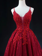 Wine Red Lace Applique Straps V-neckline Party Dress, Floor Length Wine Red Prom Dress