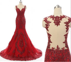 Wine Red Mermaid Long Party Dress with Lace Applique, Wine Red Formal Dresses