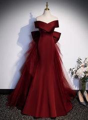 Wine Red Mermaid Off Shouler Evening Dress, Wine Red Long Prom Dress Party Dress