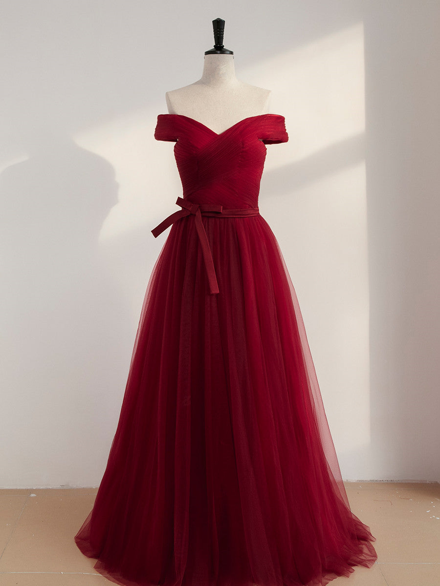 Wine Red Off Shoulder Simple Sweetheart Floor Length Party Dress, Dark Red Formal Dress