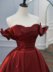 Wine Red Satin A-line Beaded Off Shoulder Party Dress, Wine Red Prom Dress Formal Dress