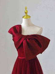 Wine Red Satin and Tulle A-line Simple Prom Dress, Floor Length Party Dress