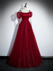 Wine Red Satin and Tulle Straps Long Prom Dress, Wine Red Off Shoulder Party Dress