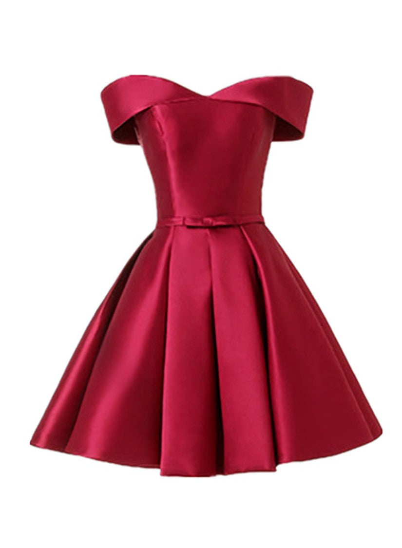 Wine Red Satin Handmade Knee Length Party Dress, Short Prom Dress