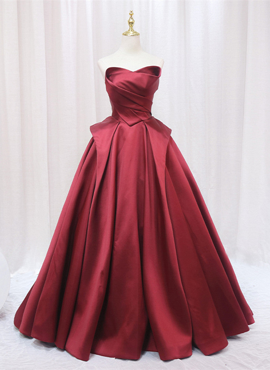 Wine Red Satin Long Party Dress, A-line Wine Red Prom Dress