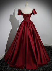 Wine Red Satin Long Party Dress, Off Shoulder Sweetheart Floor Length Prom Dress