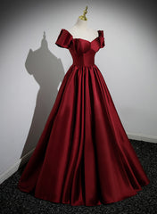 Wine Red Satin Long Party Dress, Off Shoulder Sweetheart Floor Length Prom Dress