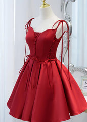 Wine Red Satin V-neckline Straps Beaded Short Prom Dress, Wine Red Party Dresses