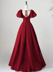 Wine Red Short Sleeves A-line Floor Length Party Dress, Long Prom Dress