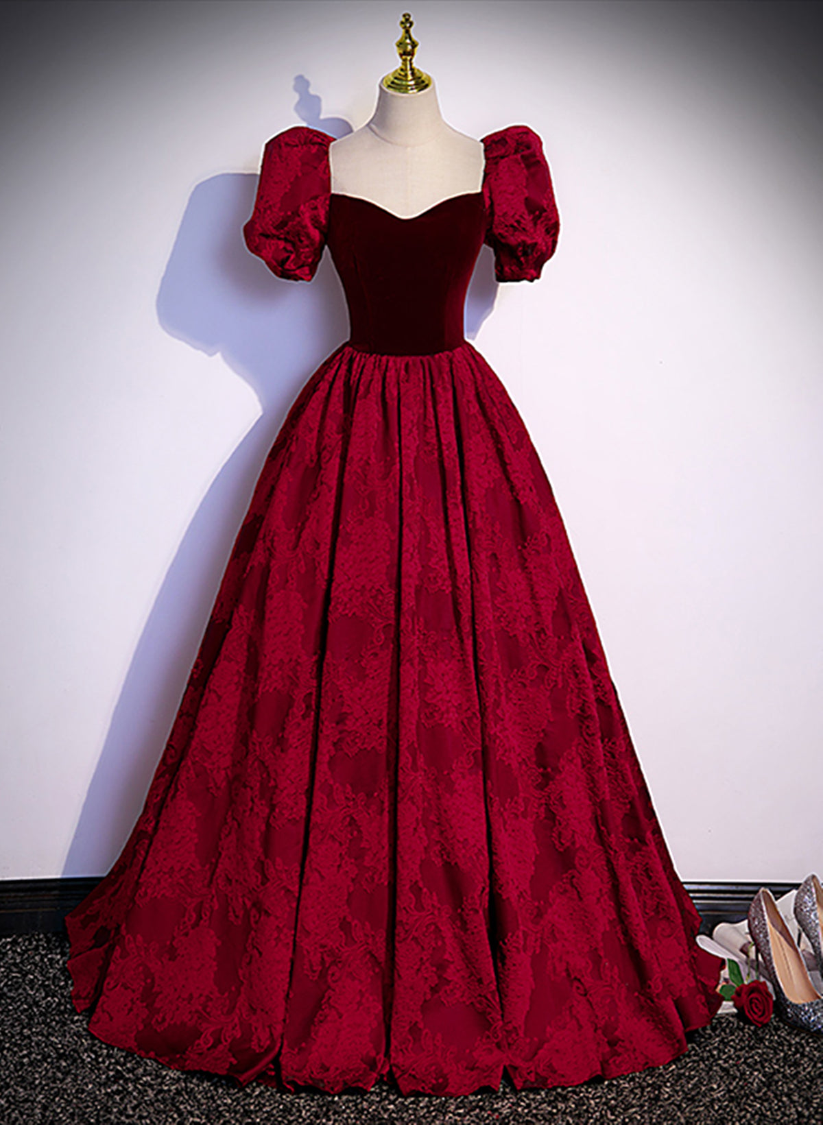Wine Red Sweetheart Short Sleeves Long Party Dress, Wine Red Evening Dress Prom Dress