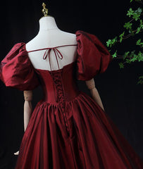 Wine Red Taffeta Short Sleeves Long Prom Dress, Wine Red Evening Dress Formal Dress