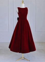 Wine Red Tea Length Velvet Party Dress with Bow, Burgundy Wedding Party Dresses