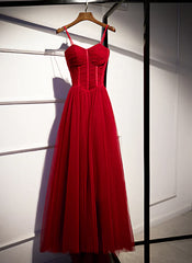 Wine Red Tulle Long Straps Party Dress Prom Dress, A-line Dark Red Formal Gown
