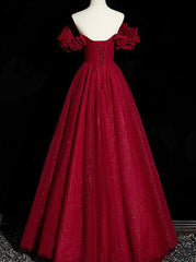 Wine Red Tulle Short Sleeves Beaded Party Dress, A-line Wine Red Prom Dress
