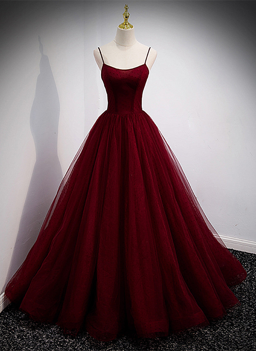 Wine Red Tulle Straps Long Evening Dress Party Dress,Wine Red Prom Dress