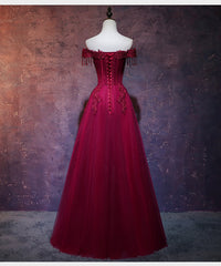 Wine Red Tulle Sweetheart Long Prom Dress, A-line Party Dress