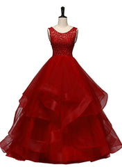 Wine Red Tulle with Lace Layers Ball Gown Sweet 16 Dress, Long Formal Dress Prom Dress