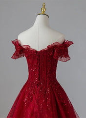 Wine Red Tulle with Sequins and Lace Party Dress, Wine Red A-line Prom Dress