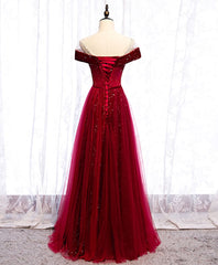 Wine Red Tulle with Velvet Long Party Dress, Wine Red Formal Dress Prom Dress