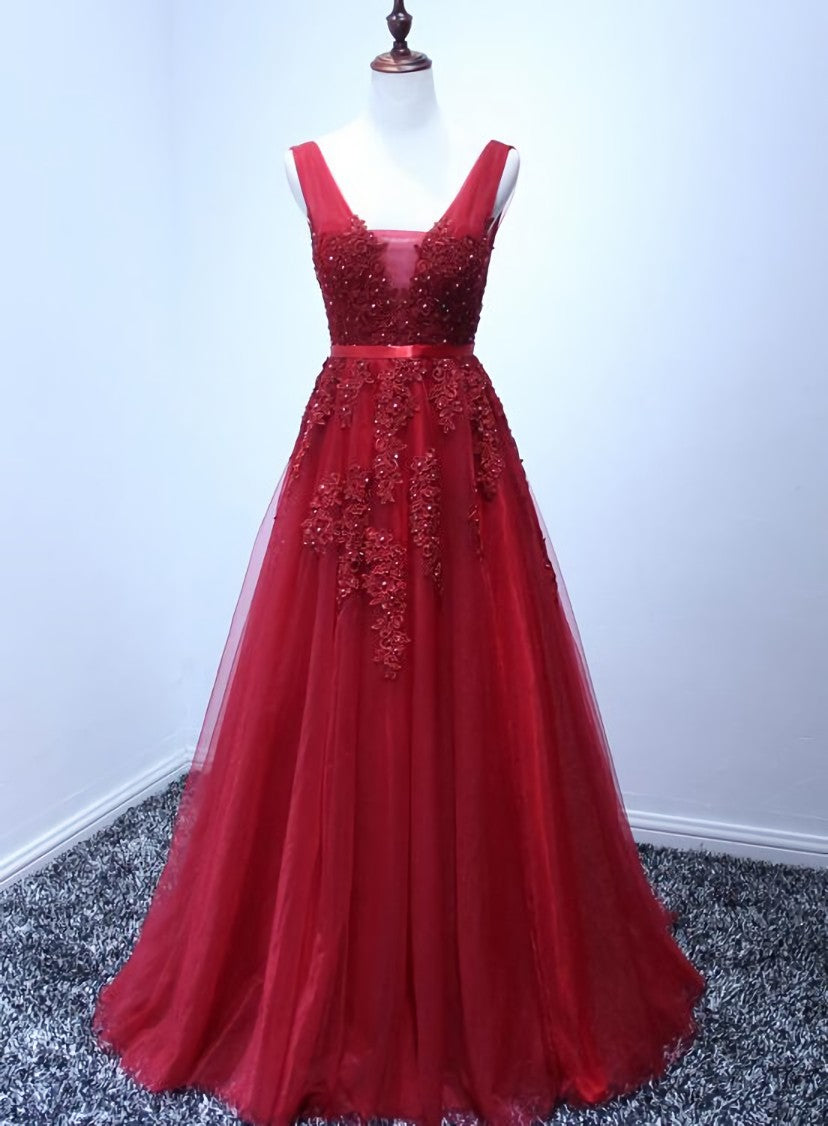 Wine Red V-neckline Tulle Long Prom Dress, Dark Red Floor Length Party Dress, Bridesmaid Dress