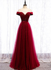 Wine Red Velvet and Tulle Long Prom Dress, A-line Wine Red Floor Length Prom Dress