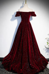Wine Red Velvet Off Shoulder Long Formal Evening Gown, Wine Red Prom Dresses