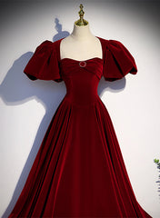 Wine Red Velvet Puffy Sleeves Long Party Dress, Wine Red Long Prom Dress