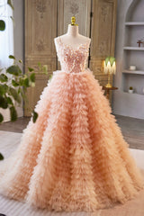 Beautiful Tulle Layers Long Prom Dresses, A-Line Spaghetti Straps Evening Dresses