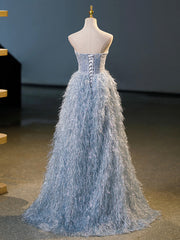 Blue A-Line Strapless Floor Length Prom Dress, Blue Evening Party Dress