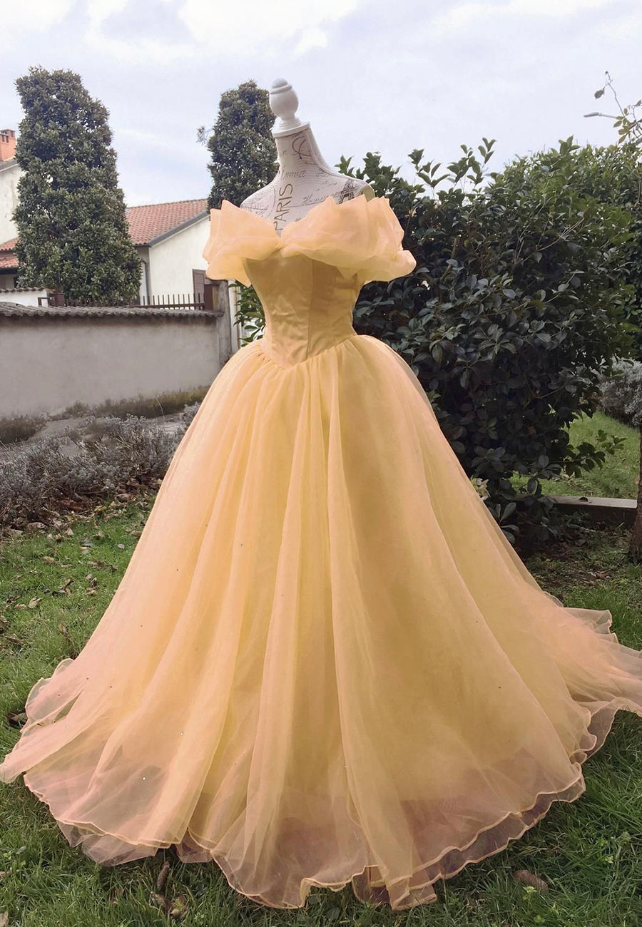 Yellow Tulle Long Prom Dresses, A-Line Evening Dresses