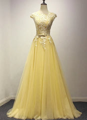 Yellow Long Prom Dress, A-line Round Neckline Formal Dress