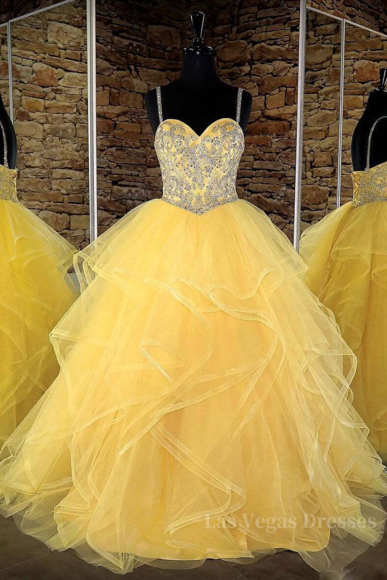 Yellow sweetheart tulle sequin long prom dress, yellow evening dress