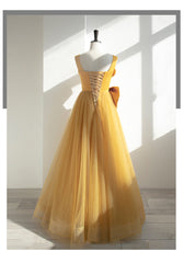 Yellow Tulle Long Party Dress with Bow, Yellow Prom Dress Evening Gown