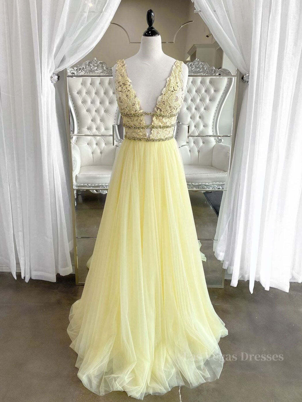 Yellow v neck tulle lace long prom dress, yellow tulle lace evening dress